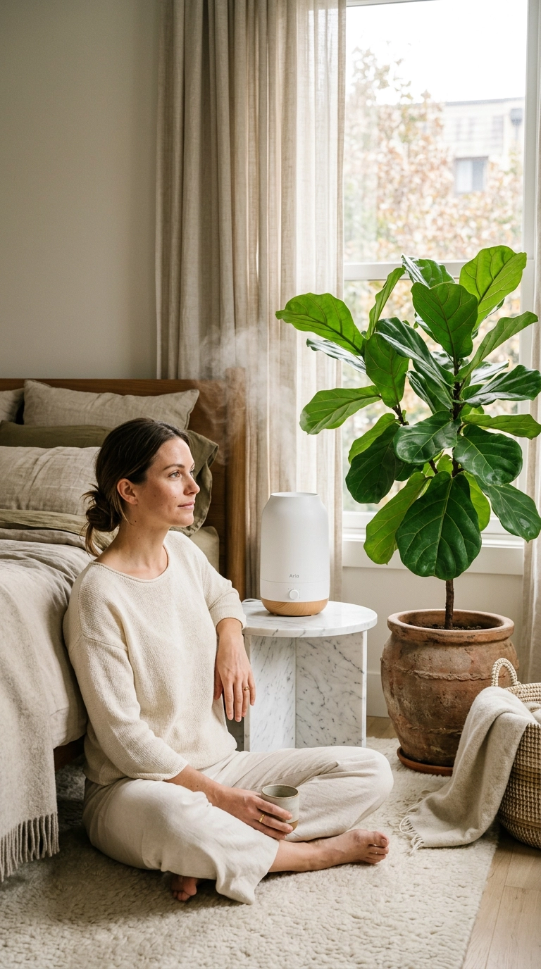 A photorealistic luxury editorial scene with a 9:16 aspect ratio. A minimalist bedroom corner featuring a sleek, modern humidifier on a marble side table. A large green plant is next to it, and the morning light creates a peaceful atmosphere. Shot on a 35mm lens, Nano Banana style, editorial aesthetic, high detail.