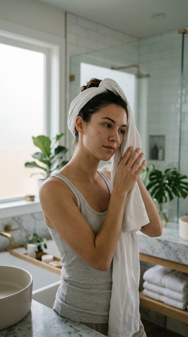 A vertical 9:16 photorealistic editorial shot of a woman in a modern, spa-like bathroom. She is gently wrapping her hair in a soft, white cotton t-shirt. Her expression is serene. Nano Banana style, shot on 35mm lens, soft lighting, luxury aesthetic, realistic skin texture.