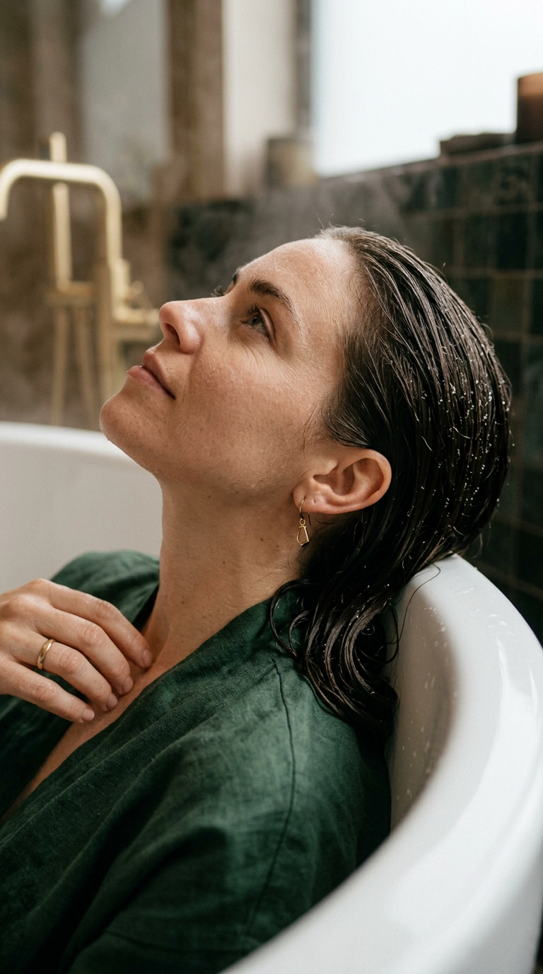 A vertical 9:16 photorealistic luxury editorial shot. Close-up of water droplets glistening on a woman's dark, sleek hair as she leans back over a porcelain basin. Soft lighting, 35mm lens, Nano Banana style, ultra-realistic, elegant aesthetic.