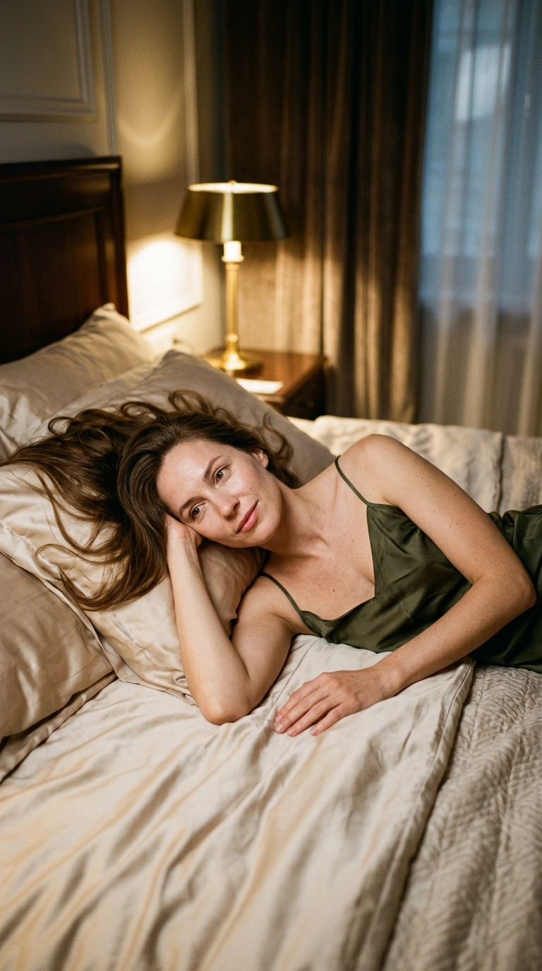 A vertical 9:16 photorealistic luxury editorial shot. A woman is lounging on a bed with silk sheets, her hair spread out in a smooth halo. Soft, warm lamp lighting. Nano Banana style, 35mm lens, ultra-realistic, highly detailed, serene atmosphere.