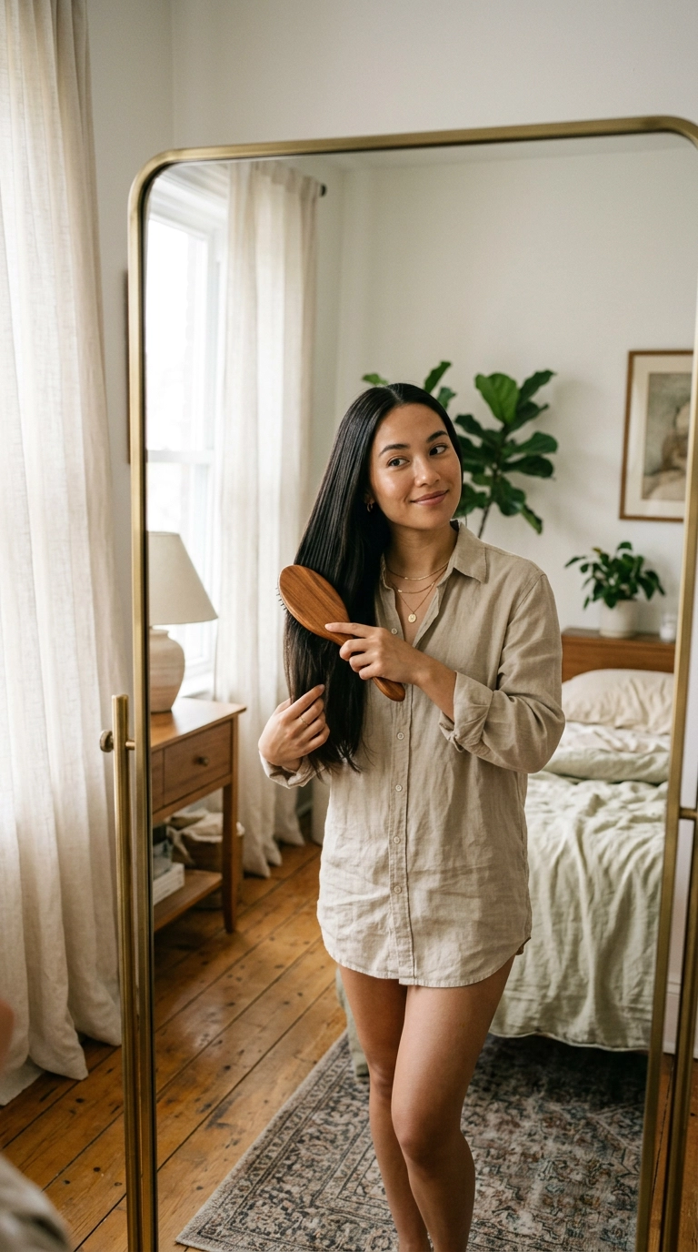 A vertical 9:16 photorealistic editorial mirror selfie. A woman with sleek, long hair is using a luxury wooden brush. She is in an airy bedroom with linen curtains. Nano Banana style, shot on 35mm lens, highly detailed, soft lighting, realistic human poses.