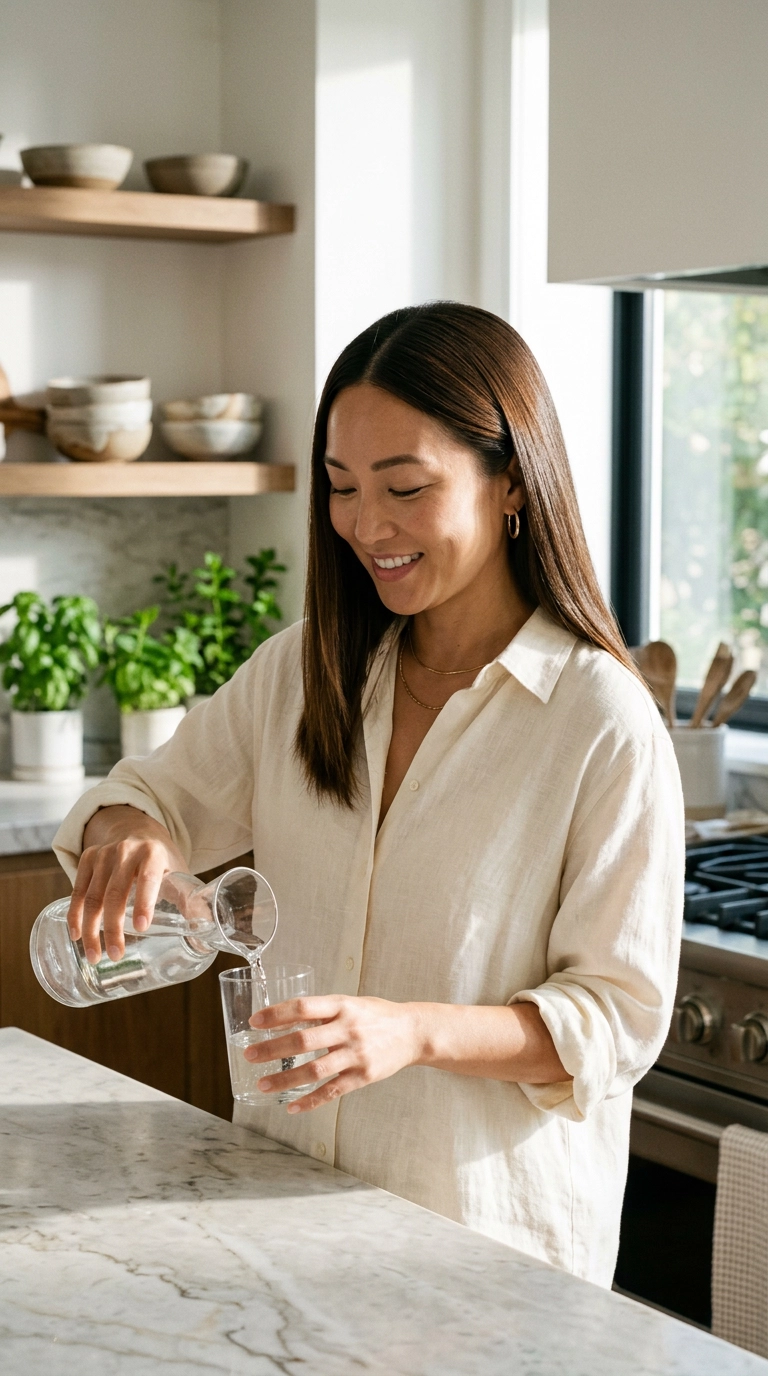 A vertical 9:16 photorealistic luxury editorial shot of a woman in a sunlit kitchen, pouring a glass of water. Her hair is shiny and perfectly smooth. Nano Banana style, shot on 35mm lens, soft natural lighting, editorial aesthetic, realistic skin texture.
