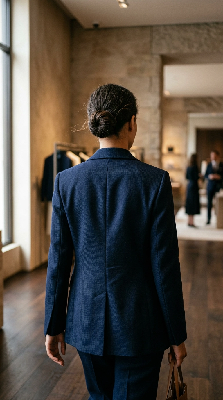 A vertical 9:16 photorealistic editorial shot. A woman is seen from behind, her hair twisted into a neat, elegant low bun. She is wearing a structured wool blazer. Nano Banana style, shot on 35mm lens, soft lighting, luxury aesthetic, highly detailed.
