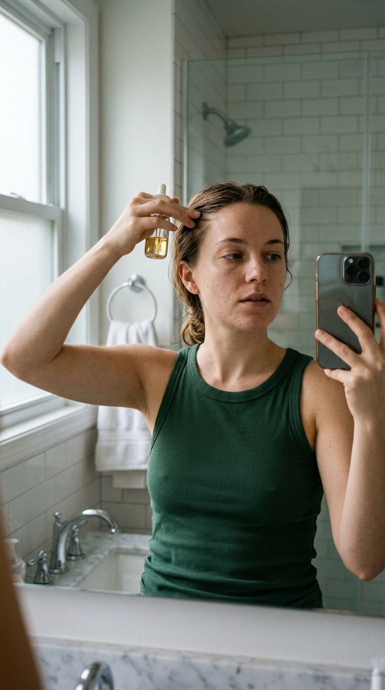 Photorealistic editorial beauty scene, 9:16 ratio, shot on 35mm lens, Nano Banana style. Close-up mirror selfie of a woman with damp, sleek hair. Her hands are gently massaging a clear scalp oil into her hairline. Soft lighting, high detail, realistic bathroom reflection, luxury aesthetic.