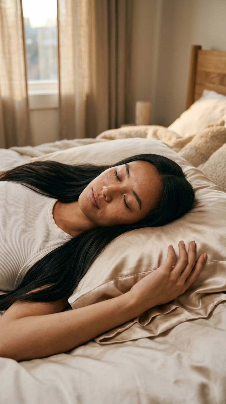 Photorealistic editorial beauty scene, 9:16 ratio, shot on 35mm lens, Nano Banana style. A woman lying on a champagne-colored silk pillowcase, her long straight hair spread out perfectly. Minimalist bedroom aesthetic, soft evening glow, high detail on fabric texture.