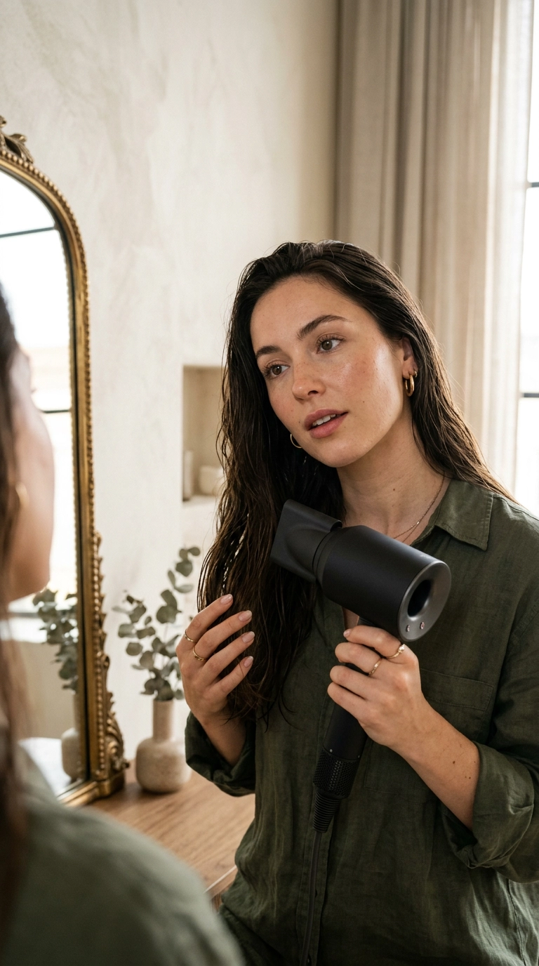 Photorealistic editorial beauty scene, 9:16 ratio, shot on 35mm lens, Nano Banana style. A woman using a sleek, matte black hair dryer with a concentrator nozzle, pointing it downwards along her hair strands. She is looking into a vintage gold-rimmed mirror, soft diffused light.