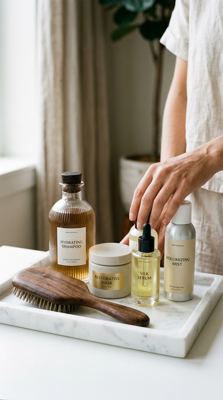 Photorealistic editorial beauty scene, 9:16 ratio, shot on 35mm lens, Nano Banana style. A collection of luxury hair care bottles and a wooden paddle brush arranged on a white marble tray. Soft, diffused natural light, editorial composition, high-end aesthetic.