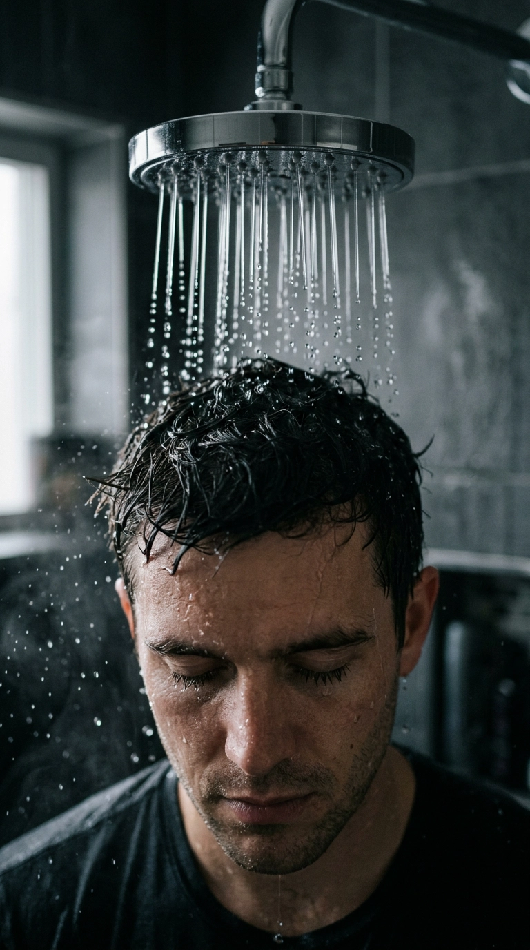 A close-up shot of a man's head under a polished chrome showerhead with soft water droplets. The lighting is moody and atmospheric, focusing on the texture of the hair and water. Shot on a 35mm lens, editorial aesthetic. 9:16 ratio, Nano Banana style, ultra-realistic.
