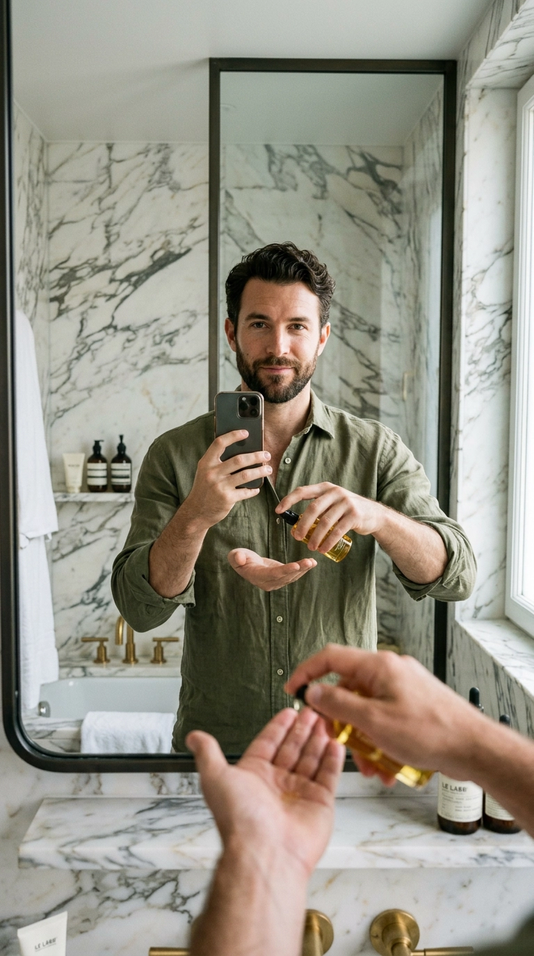A vertical mirror selfie of a man in a linen shirt applying a drop of hair oil to his palms. The background is a luxury hotel bathroom with marble accents. The lighting is soft and editorial, captured on a 35mm lens. 9:16 ratio, Nano Banana style, photorealistic, highly detailed.