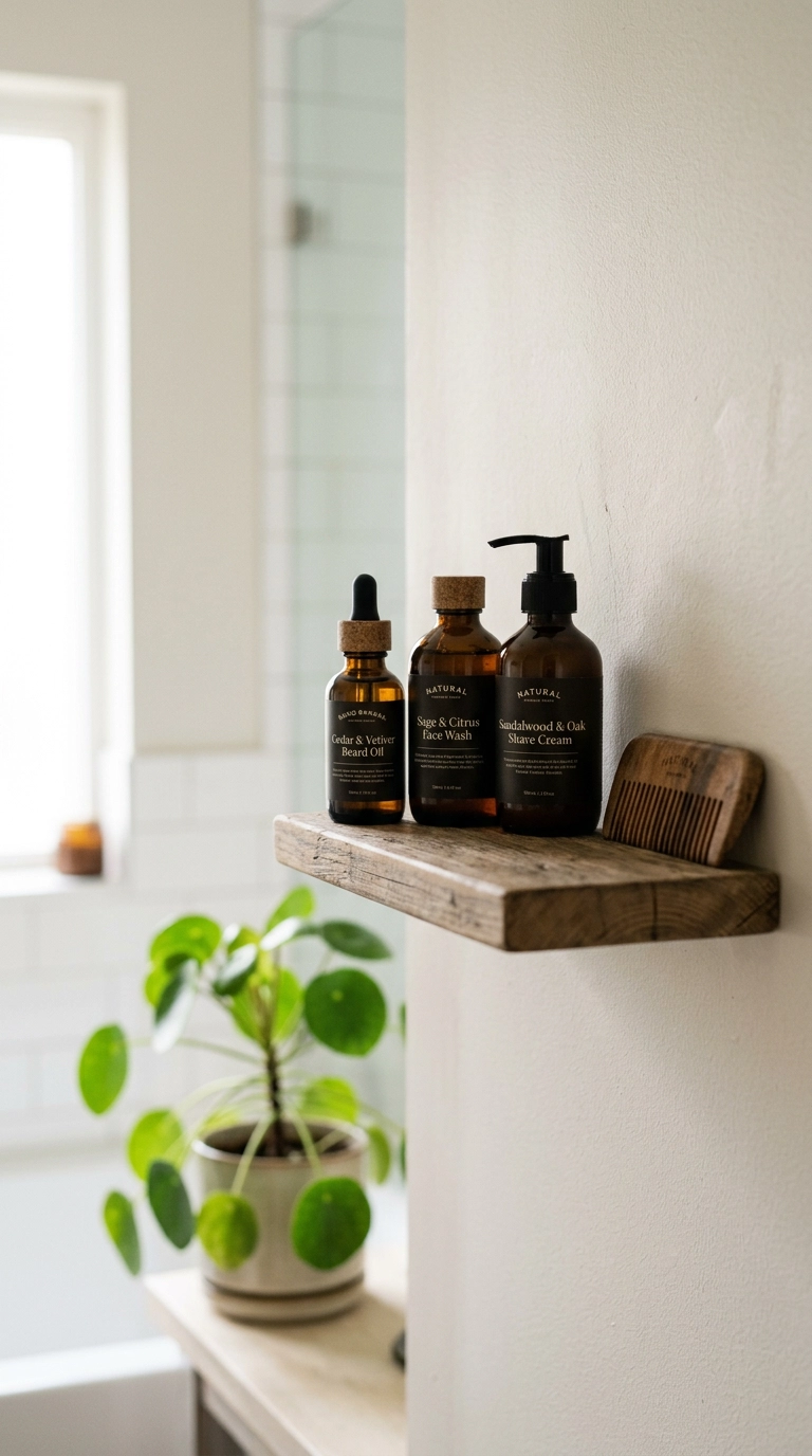 A minimalist wooden shelf holding three premium dark glass grooming bottles and a wooden comb. The background is a clean, modern bathroom with a soft-focus green plant. Editorial aesthetic, shot on 35mm lens. 9:16 ratio, Nano Banana style, photorealistic.