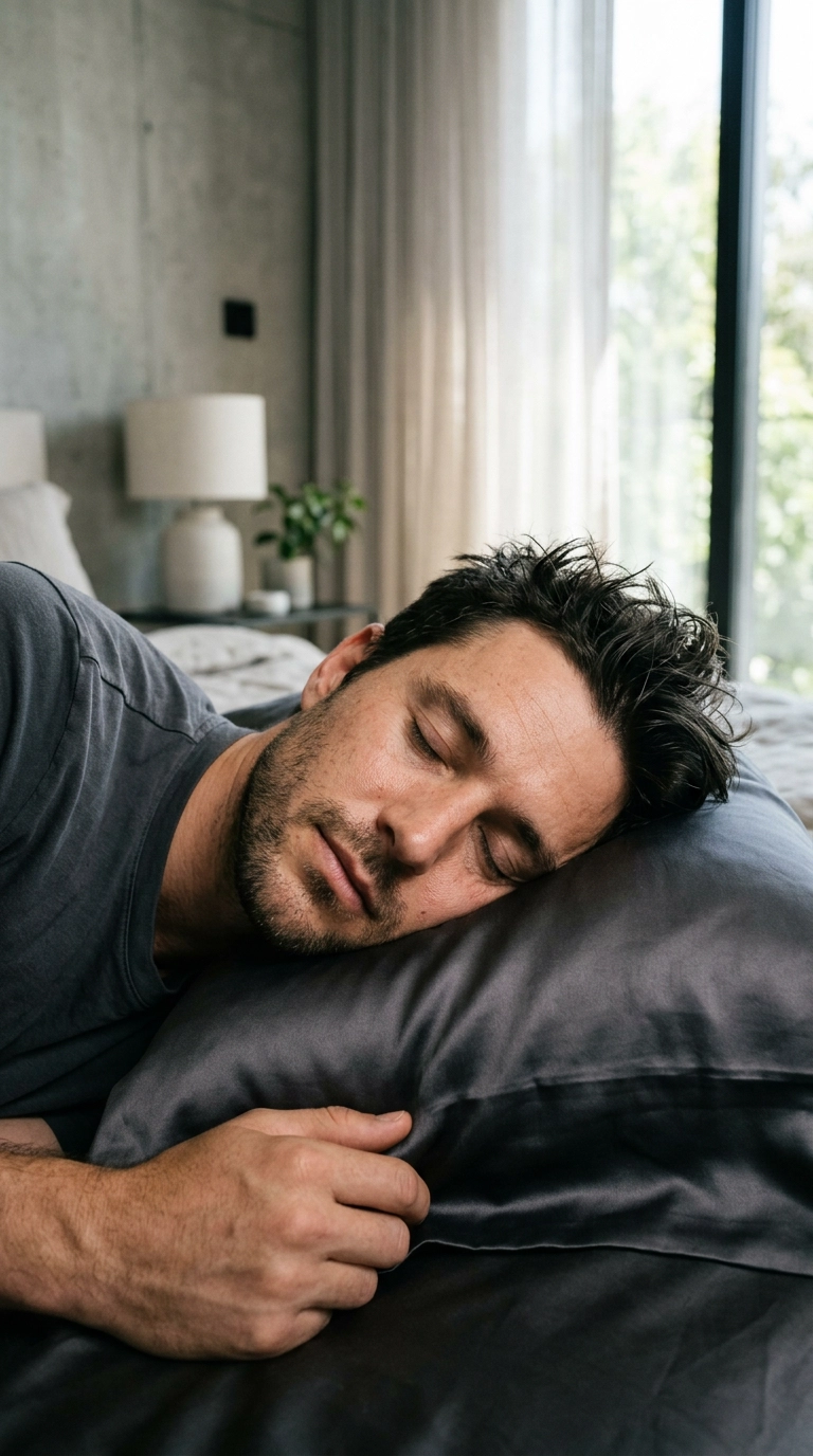 A man resting his head on a silk charcoal-colored pillowcase. Soft morning light hits his face, showing realistic skin texture. The room is a high-end, minimalist bedroom. Shot on 35mm lens, ultra-realistic. 9:16 ratio, Nano Banana style, editorial aesthetic.
