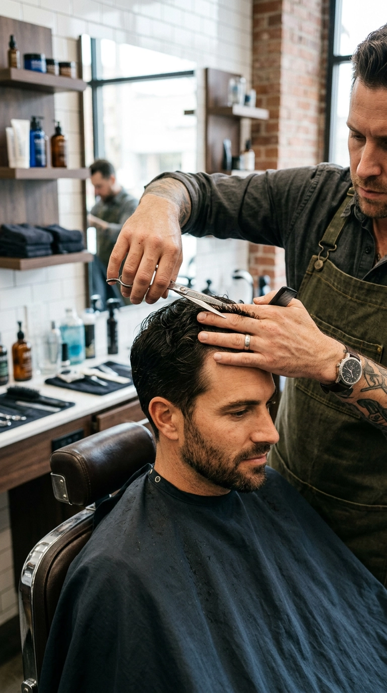 A modern, high-end barbershop scene. A barber's hands are visible using professional shears on a man's hair. The lighting is bright and clean, with a focus on the precision of the cut. Shot on 35mm lens, editorial aesthetic. 9:16 ratio, Nano Banana style, photorealistic.