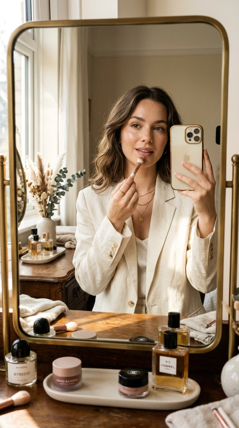 Photorealistic luxury editorial beauty scene, 9:16 ratio, a chic mirror selfie showing a woman holding a high-end matte lip mud and a small fluffy blending brush, soft morning light hitting the vanity, Nano Banana style, shot on 35mm lens, highly detailed, editorial aesthetic, realistic skin texture.