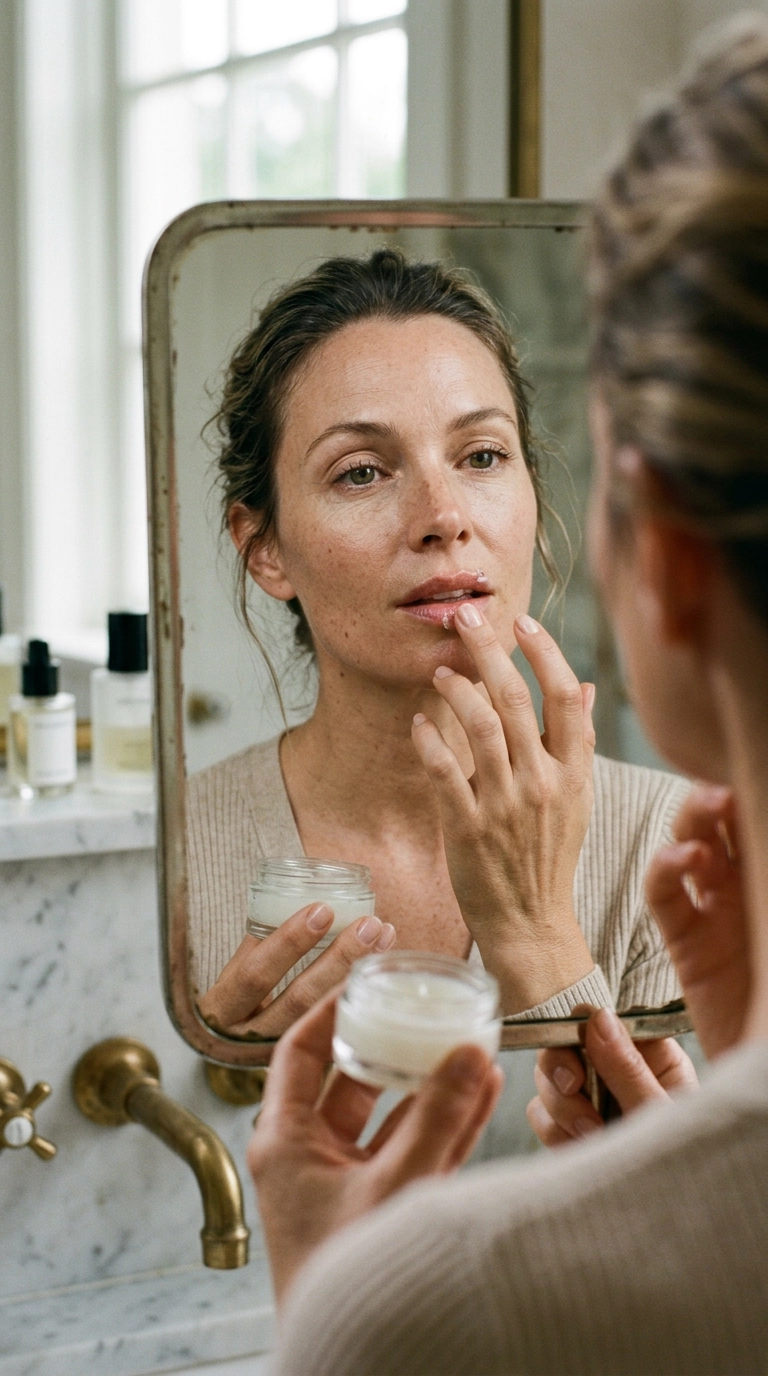 Photorealistic luxury editorial beauty scene, 9:16 ratio, a close-up of a woman’s face in a mirror as she applies a clear hydrating balm, soft focus on the background, Nano Banana style, shot on 35mm lens, ultra-realistic skin texture, soft editorial lighting.