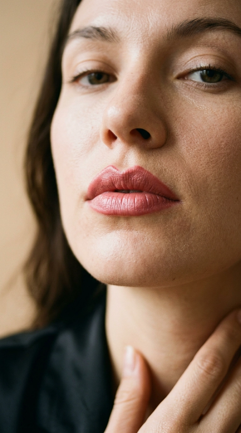 Photorealistic luxury editorial beauty scene, 9:16 ratio, an extreme close-up of a model's lips showing the precise 'M' shape application of a rose-tinted product, soft 35mm lens blur, Nano Banana style, authentic skin texture and pores visible.