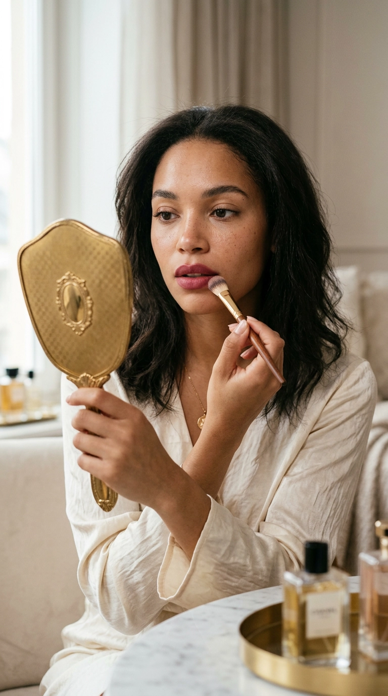 Photorealistic luxury editorial beauty scene, 9:16 ratio, a model using a fluffy brush to blend the edges of her lipstick while looking into a handheld gold mirror, Nano Banana style, 35mm lens, soft lighting, highly detailed.