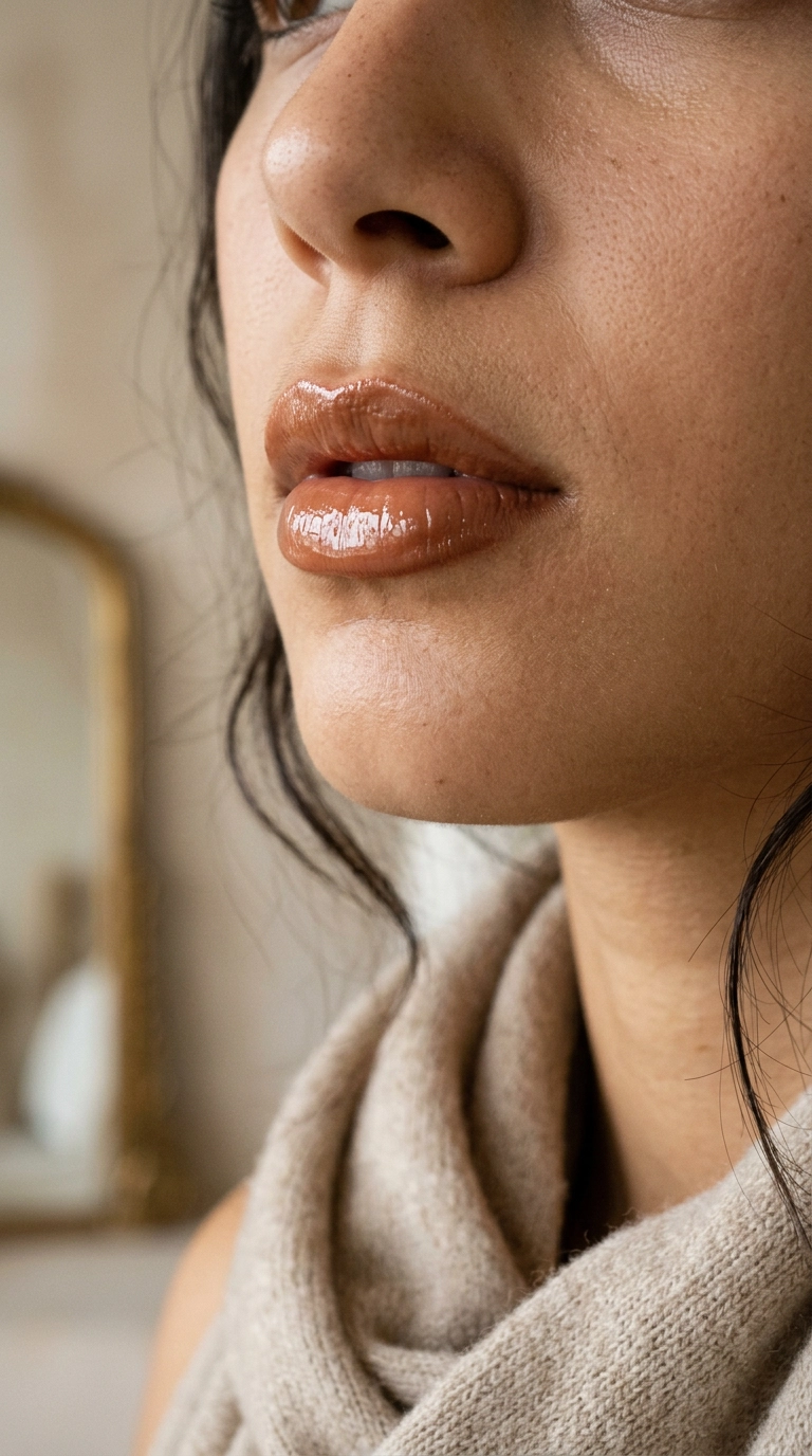 Photorealistic luxury editorial beauty scene, 9:16 ratio, a close-up of a woman's lips with a high-shine gloss finish and subtle contouring under the lower lip, 35mm lens, soft editorial aesthetic, Nano Banana style, ultra-realistic.