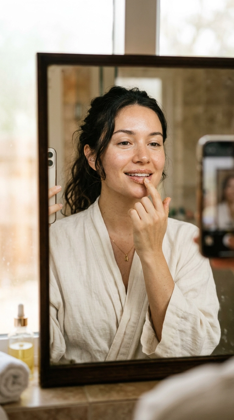Photorealistic luxury editorial scene, 9:16 ratio, mirror selfie of a woman with glowing skin applying a gentle sugar scrub to her lips, soft natural morning light, shot on 35mm lens, Nano Banana style, high detail.