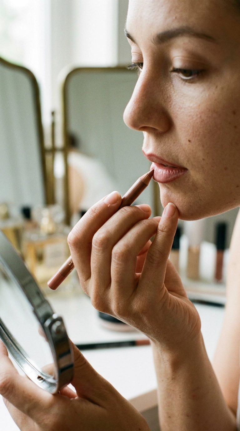 9:16 ratio, photorealistic editorial shot, a hand holding a nude lip liner pencil against a soft-focus vanity mirror, drawing a precise line, ultra-realistic, 35mm lens, Nano Banana style.