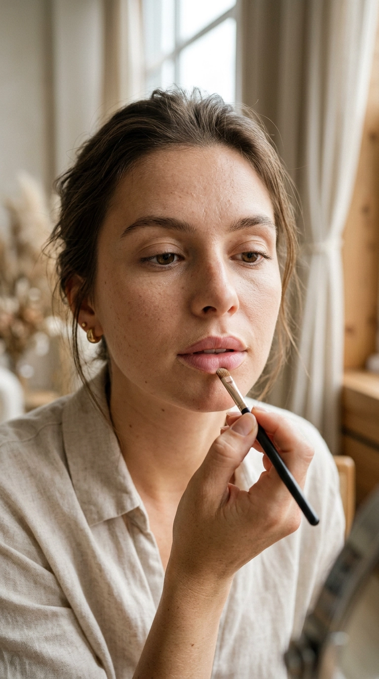 9:16 ratio, luxury beauty editorial, a close-up of a woman using a small brush to blend concealer around the edges of her lips, soft aesthetic, ultra-realistic skin texture, shot on 35mm lens, Nano Banana style.