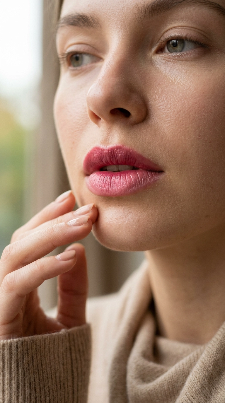9:16 ratio, luxury beauty editorial, a woman's lips showing two shades of pink blended together, soft focus background, ultra-realistic, shot on 35mm lens, Nano Banana style.