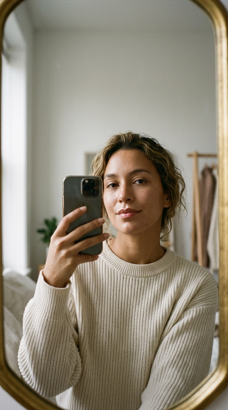 9:16 ratio, mirror selfie of a model with a subtle glow on her upper lip, focusing on the reflection of light on the Cupid's bow, photorealistic, shot on 35mm lens, soft lighting, Nano Banana style.