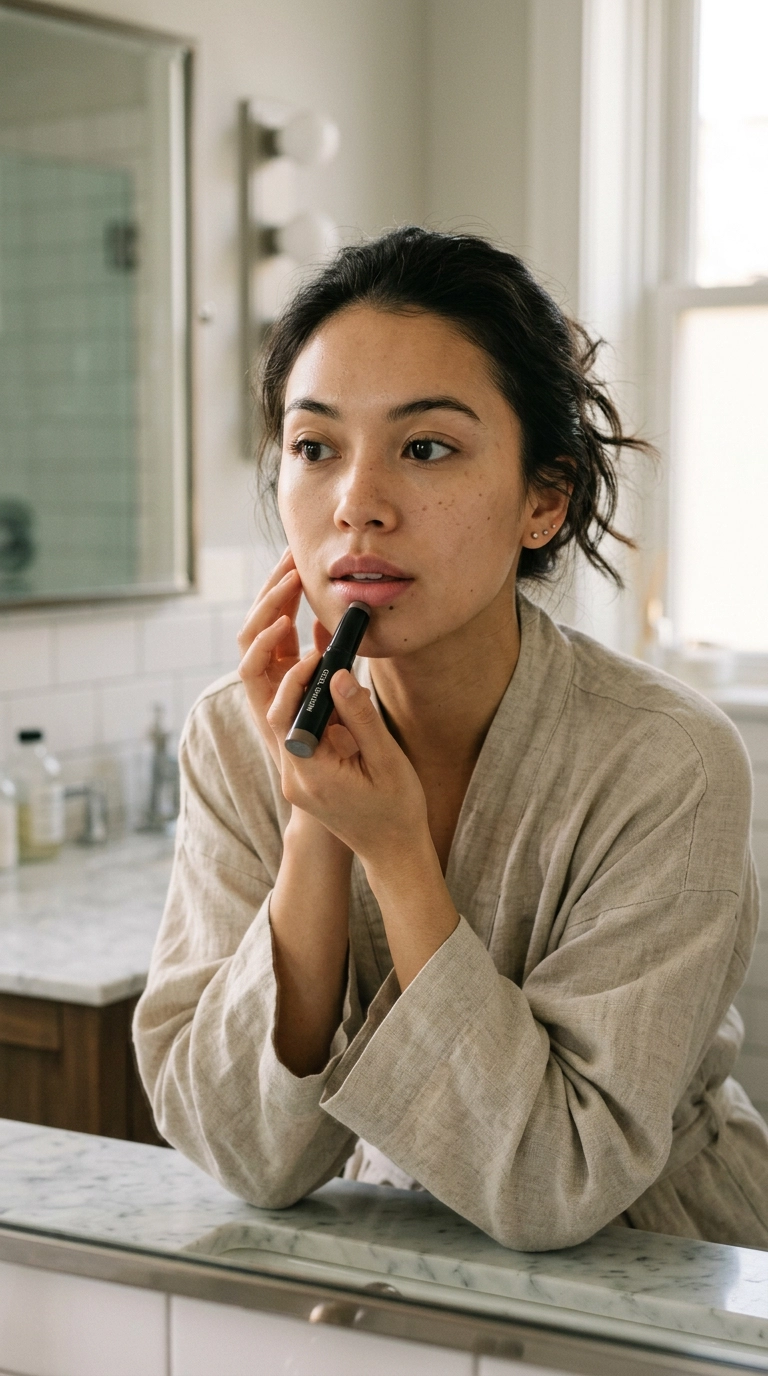 9:16 ratio, photorealistic editorial shot, a woman lightly dabbing a cool-toned contour stick under her bottom lip to create shadow, soft bathroom lighting, shot on 35mm lens, Nano Banana style.