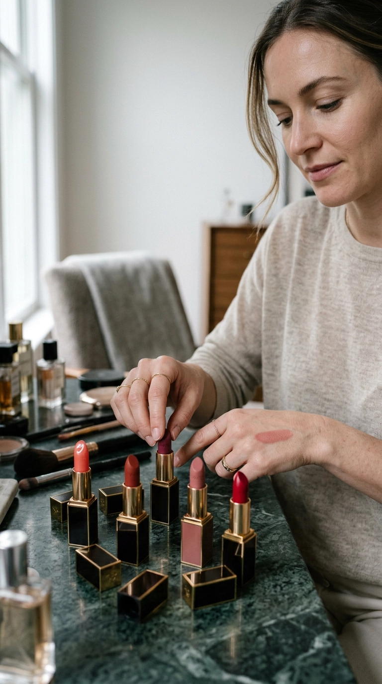 9:16 ratio, photorealistic luxury editorial, several open lipsticks in different textures like matte, cream, and gloss on a vanity, shot on 35mm lens, Nano Banana style.