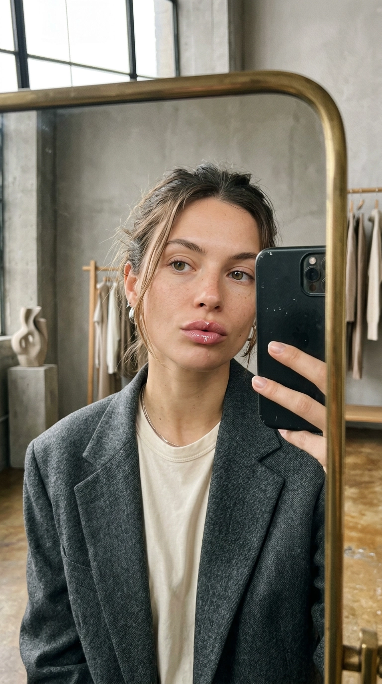 9:16 ratio, mirror selfie of a model with a glossy pout, focusing on a single dot of clear gloss in the center of her lips, photorealistic, shot on 35mm lens, soft lighting, Nano Banana style.