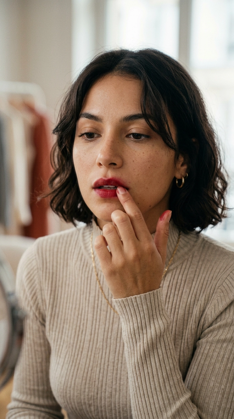 9:16 ratio, luxury beauty editorial, a woman using her fingertip to soften the edges of her red lipstick, soft lighting, ultra-realistic, shot on 35mm lens, Nano Banana style.