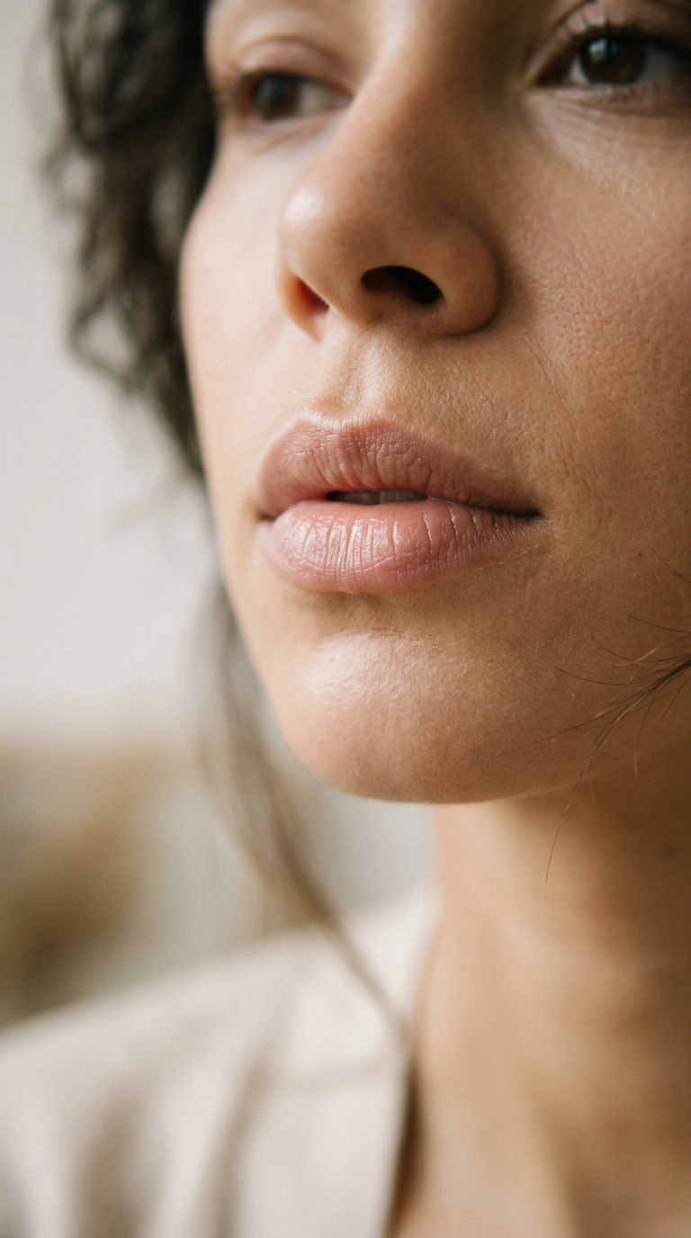 9:16 ratio, photorealistic editorial shot, a close-up of lips with a very subtle vertical highlight in the center, 35mm lens, soft lighting, Nano Banana style.