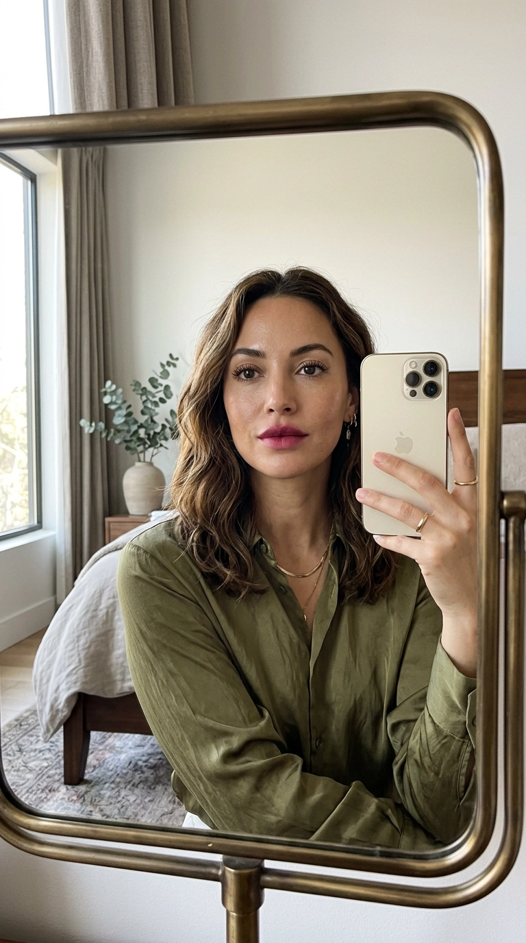 A luxury editorial mirror selfie of a woman showing off her soft-focus gradient lips. She is wearing a silk blouse in a chic, modern bedroom with soft morning light. The focus is on her face and the realistic texture of her lips. 9:16 ratio, photorealistic, shot on 35mm lens, Nano Banana style.
