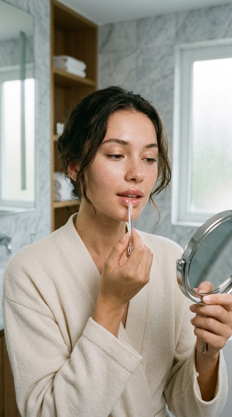 A luxury beauty shot of a woman applying a clear lip treatment. Her skin is glowing and realistic, with subtle freckles. The background is a high-end spa-like bathroom. Soft lighting, 9:16 ratio, photorealistic, 35mm lens, Nano Banana style.