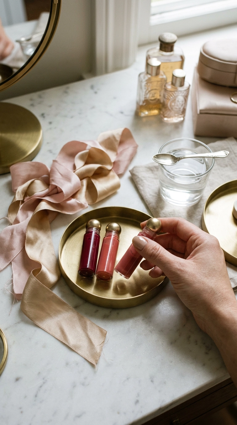A photorealistic close-up of luxury lip tints, silk ribbons, and a small glass of water on a high-end vanity. The lighting is soft and golden. No text on bottles. Editorial aesthetic, 9:16 ratio, shot on 35mm lens, Nano Banana style.