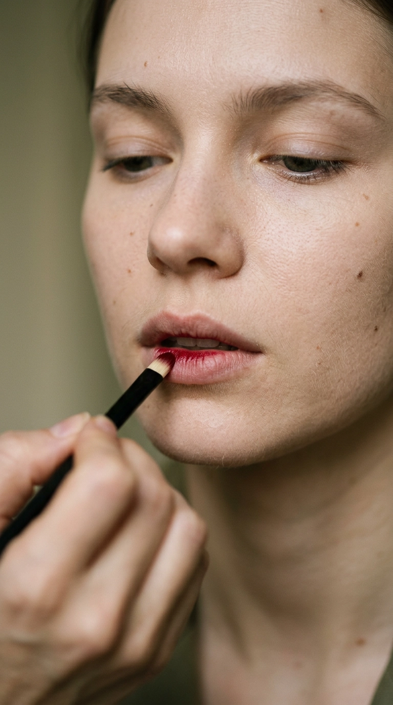 A photorealistic close-up of a model's lips. A vibrant red tint is being applied only to the very inner part of the lips. Highly detailed skin texture, soft lighting, 9:16 ratio, 35mm lens, Nano Banana style.