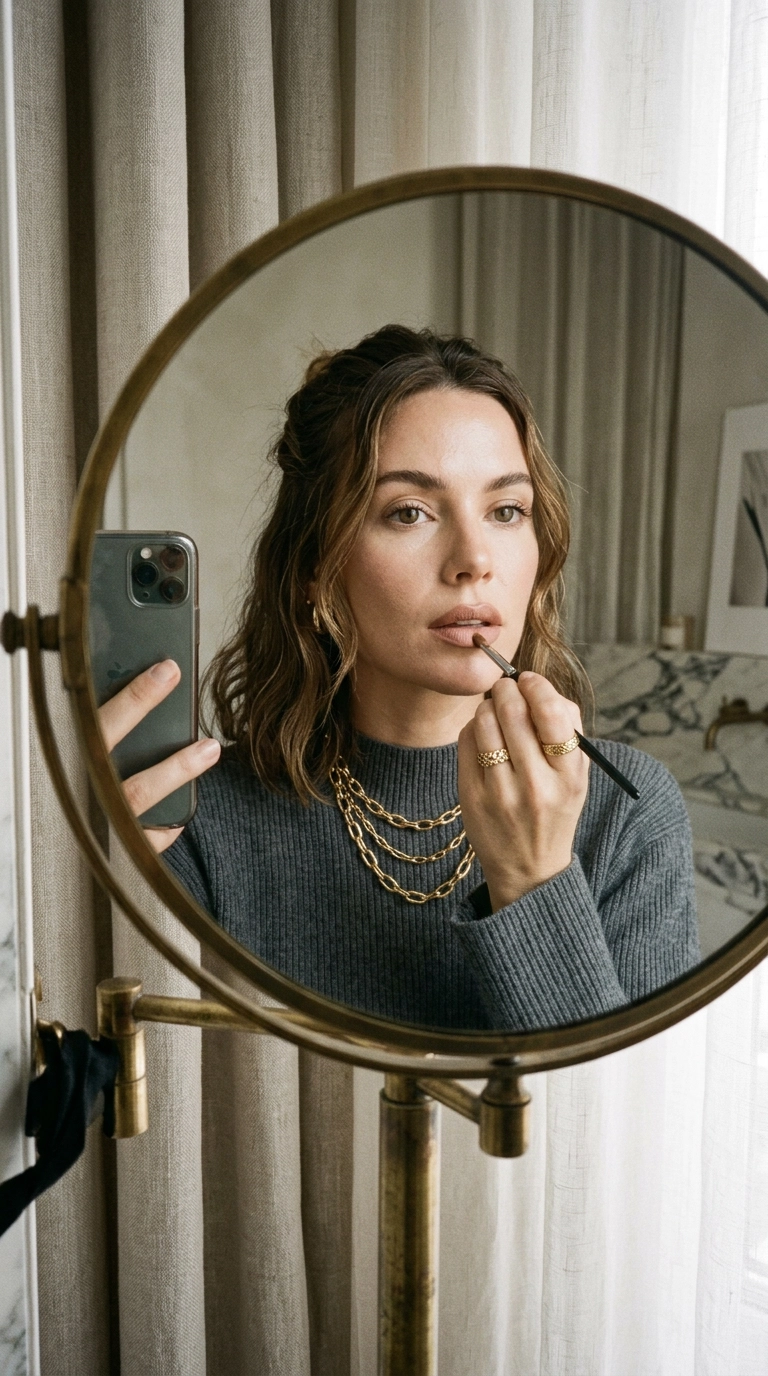 A mirror selfie of a woman using a small brush to apply a nude lip color. She is wearing modern jewelry and the scene feels like an editorial fashion shoot. Soft lighting, 9:16 ratio, photorealistic, 35mm lens, Nano Banana style.