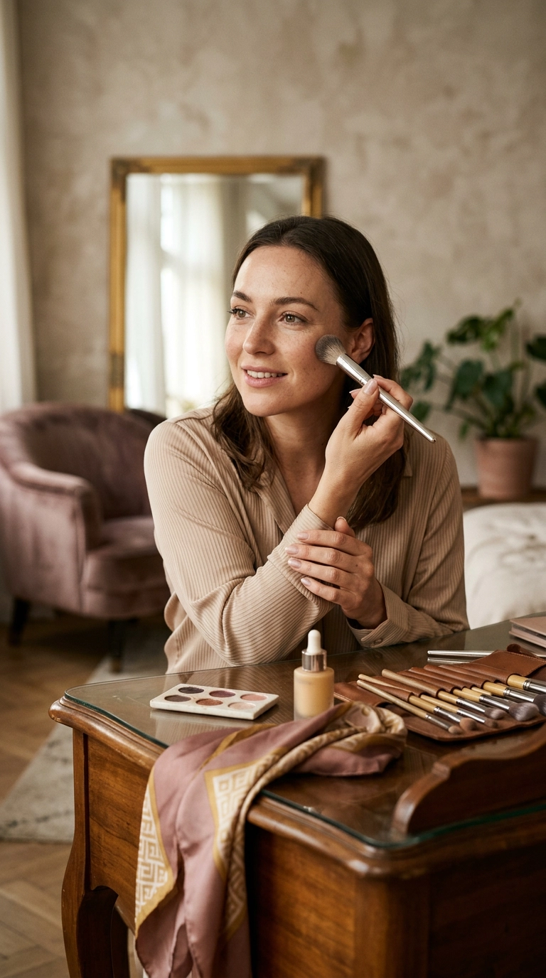 A photorealistic luxury vanity shot showing various makeup tools, a silk scarf, and a soft-focus background of a stylish room. The lighting is editorial and warm. 9:16 ratio, 35mm lens, Nano Banana style.
