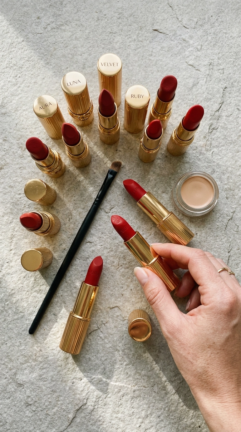 An aesthetic flat-lay on a light gray stone surface showing a variety of red lipsticks in gold packaging, a thin angled lip brush, and a small concealer pot, soft shadows, 9:16 ratio, Nano Banana style, photorealistic, shot on 35mm lens, highly detailed, ultra-realistic, editorial aesthetic.