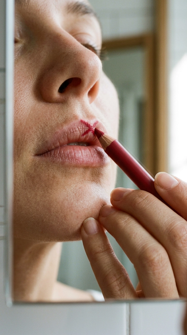 An extreme close-up mirror selfie of a woman's mouth, a sharp cherry-red lip pencil is drawing a precise "X" on the cupid's bow, visible skin texture and soft natural light, 9:16 ratio, Nano Banana style, photorealistic, shot on 35mm lens, highly detailed, ultra-realistic, soft lighting, editorial aesthetic.