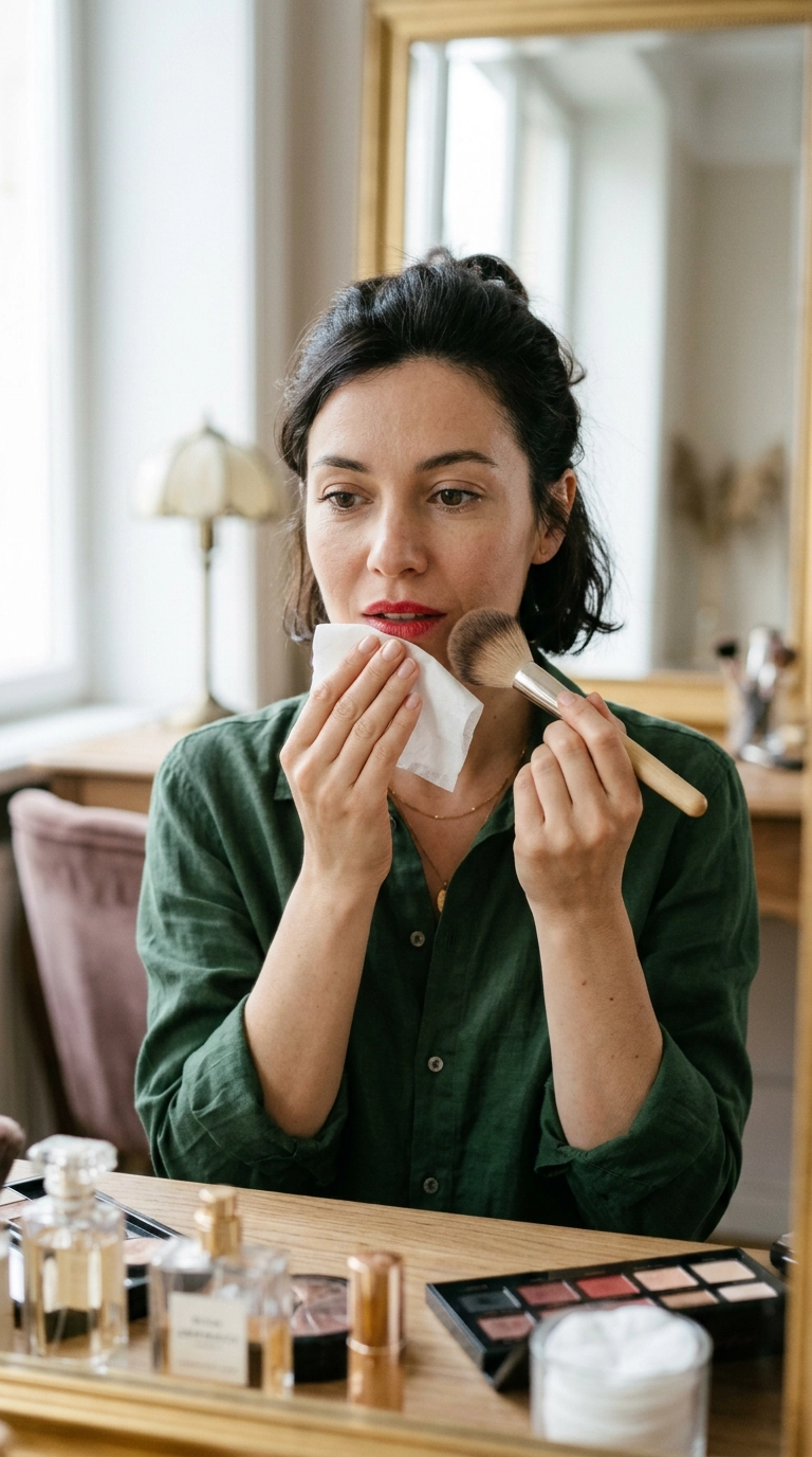Editorial shot of a woman holding a single ply of white tissue over her red lips and lightly patting it with a large fluffy powder brush, soft focus on the elegant vanity in the background, 9:16 ratio, Nano Banana style, photorealistic, shot on 35mm lens, highly detailed, ultra-realistic, soft lighting, editorial aesthetic.