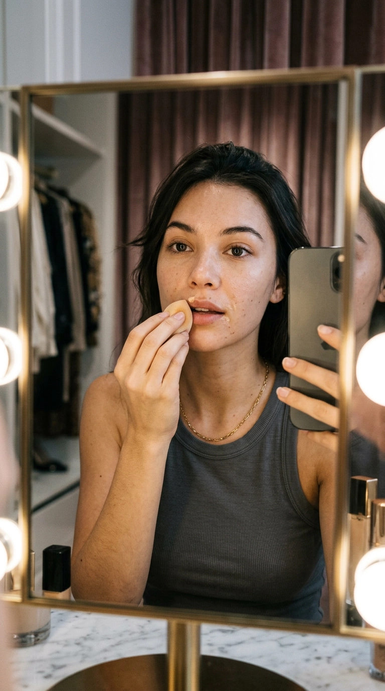 A chic mirror selfie showing a close-up of a model gently dabbing a tiny amount of liquid concealer onto the corners of her mouth with a small sponge. Professional vanity lighting, soft focus background, Nano Banana style, photorealistic, 35mm lens, highly detailed, editorial aesthetic, 9:16 ratio.