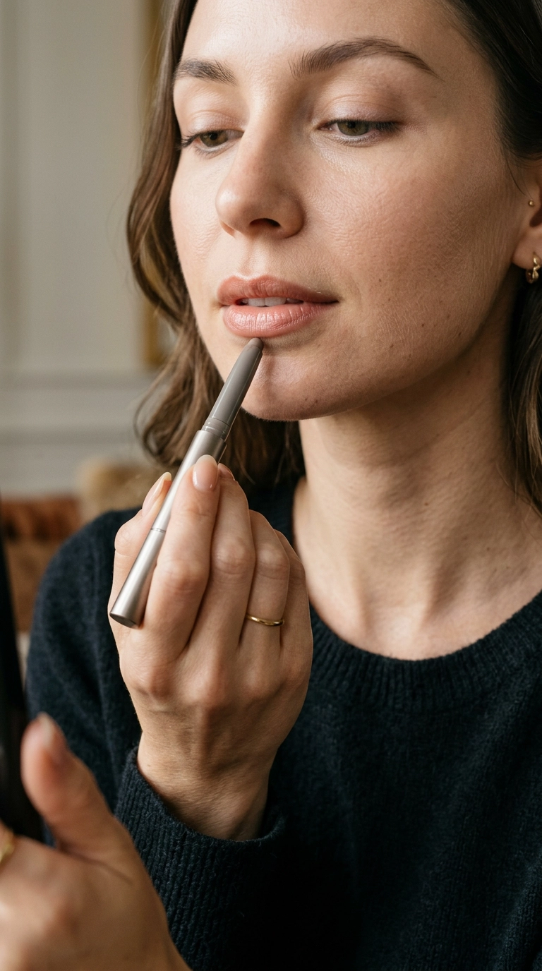 A luxury editorial shot of a hand holding a slim, cool-toned contour stick, drawing a subtle "C" shape just below the center of the lower lip. Nano Banana style, photorealistic, shot on 35mm lens, highly detailed, ultra-realistic, soft lighting, 9:16 ratio.