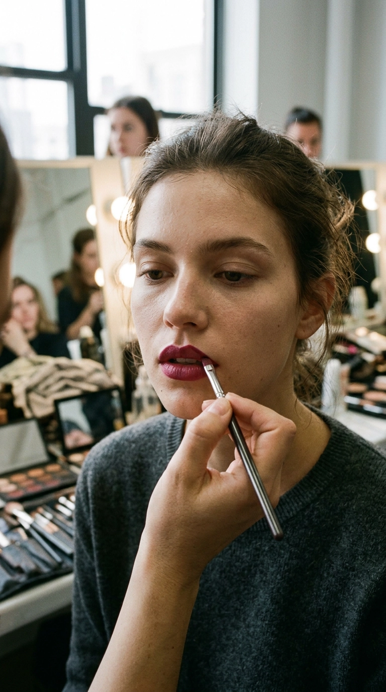 Close-up of a model using a lip brush to define a sharp "M" shape on the upper lip with a deep berry shade. Luxury editorial aesthetic, Nano Banana style, photorealistic, 35mm lens, highly detailed, 9:16 ratio.