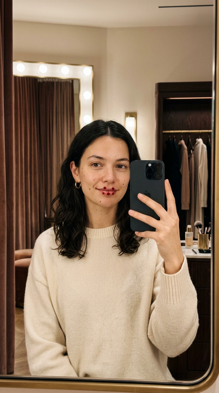 A mirror selfie of a model with six precise dots of red lip tint placed on her lips: two on top, four on the bottom. Soft, aesthetic lighting in a high-end dressing room. Nano Banana style, photorealistic, 35mm lens, highly detailed, editorial aesthetic, 9:16 ratio.
