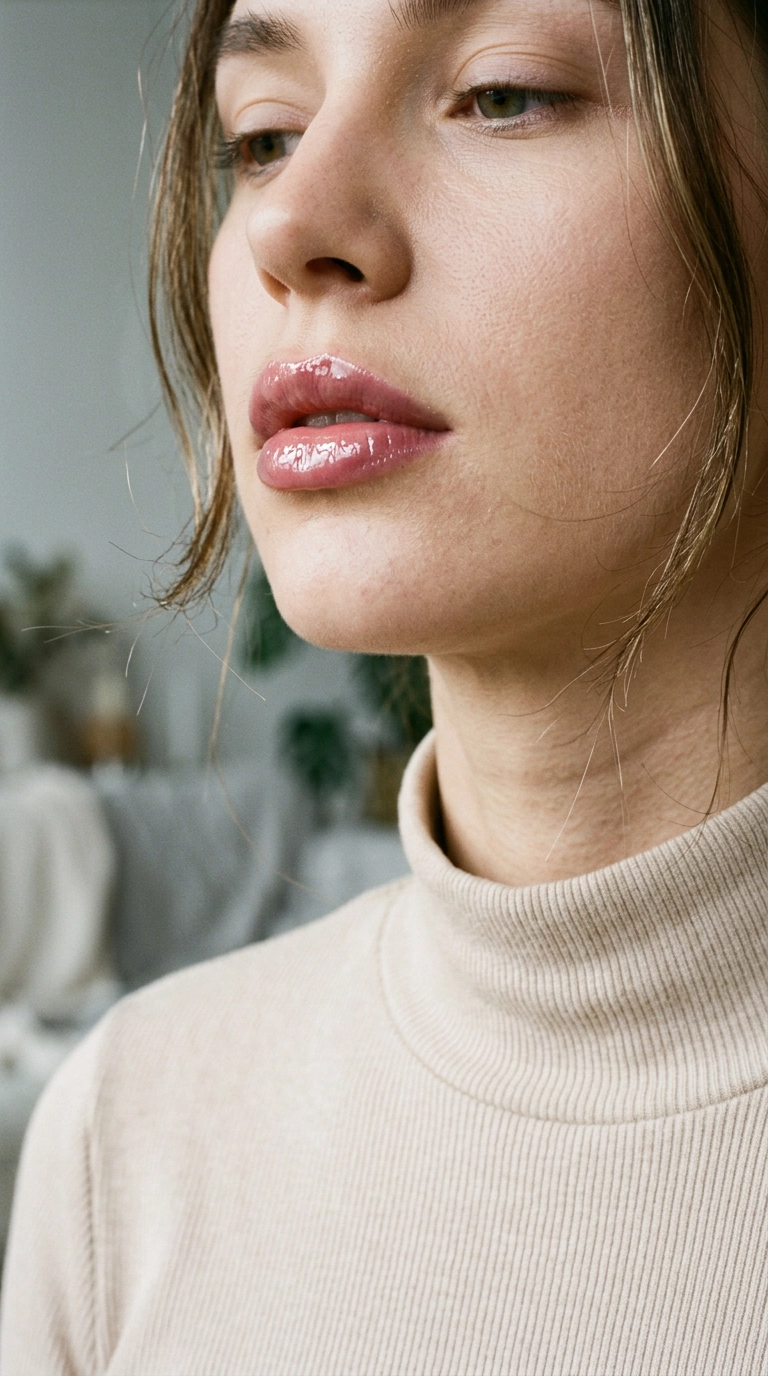An editorial shot of high-shine "jelly" lips with a clear, reflective gloss over a soft pink base. The model's face is illuminated by soft, multi-directional light. Nano Banana style, photorealistic, 35mm lens, highly detailed, 9:16 ratio.