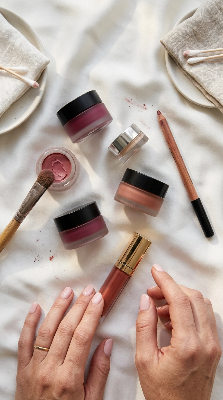 A flat lay of luxury lip products: lip muds, tints, and a small concealer jar on a white silk cloth. Soft morning light, Nano Banana style, photorealistic, 35mm lens, highly detailed, 9:16 ratio.