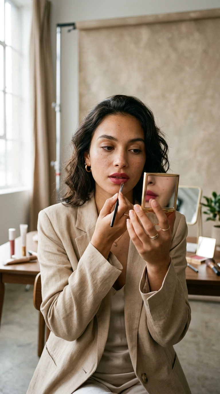 A model looking into a compact mirror, checking her lip makeup with a thoughtful expression. Aesthetic studio setting, soft lighting, Nano Banana style, photorealistic, 35mm lens, highly detailed, 9:16 ratio.