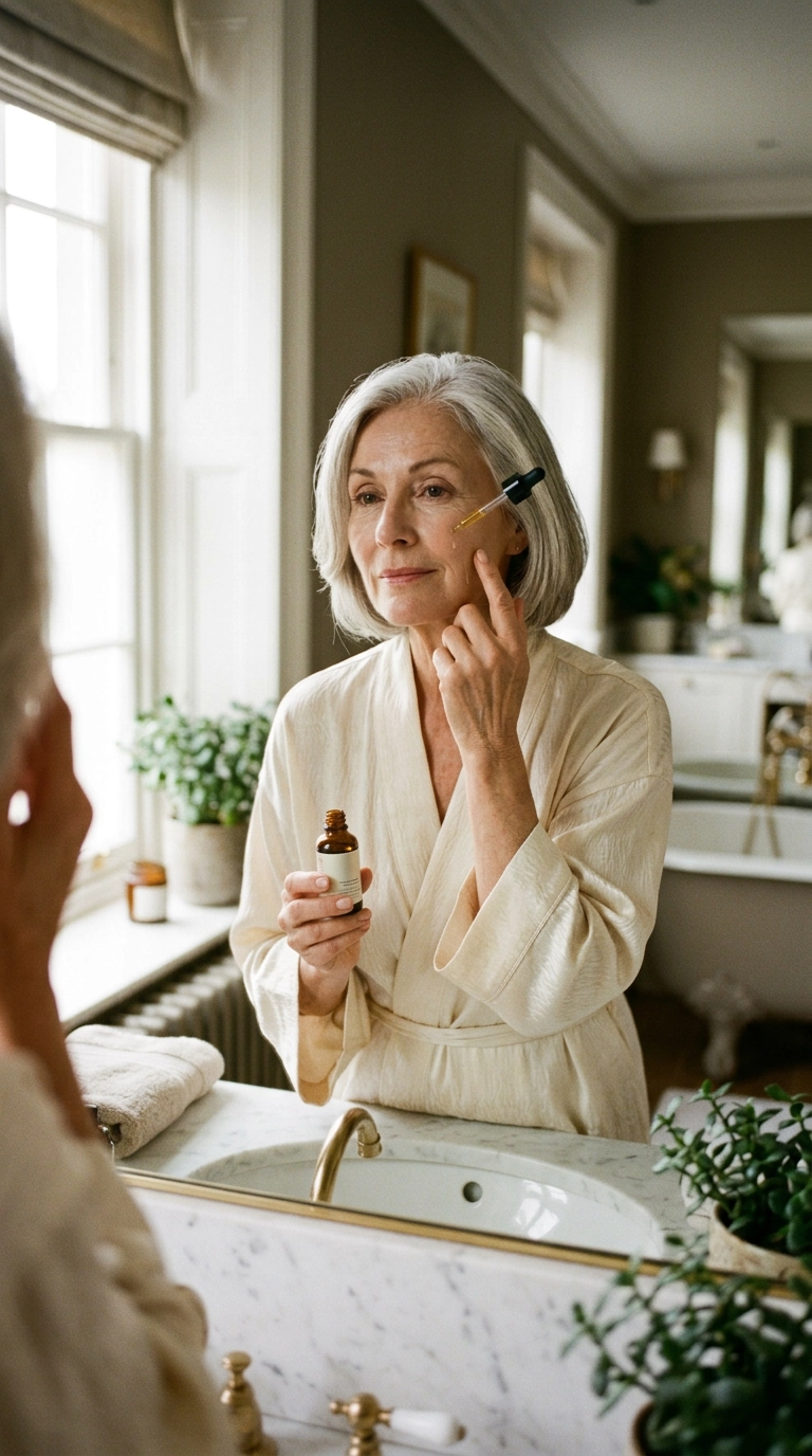 A close-up mirror selfie of an elegant woman over 60 applying a silky facial oil to her cheek, soft morning light filtering through a window, luxury bathroom background, photorealistic, shot on 35mm lens, Nano Banana style, ultra-realistic skin texture, editorial aesthetic, 9:16 ratio