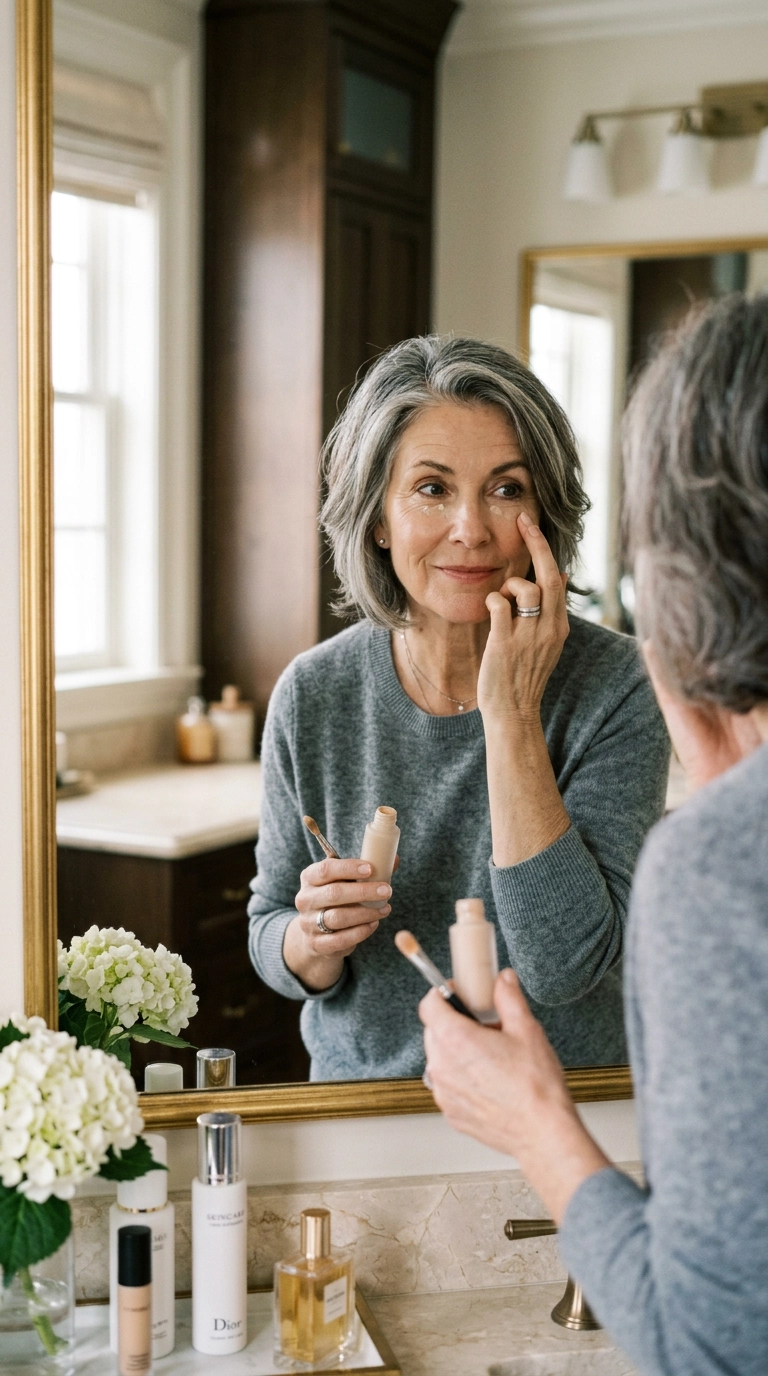 A woman over 60 standing in front of a mirror, using her ring finger to gently tap concealer under her eyes, elegant home interior, photorealistic, shot on 35mm lens, Nano Banana style, ultra-realistic, soft lighting, editorial aesthetic, 9:16 ratio