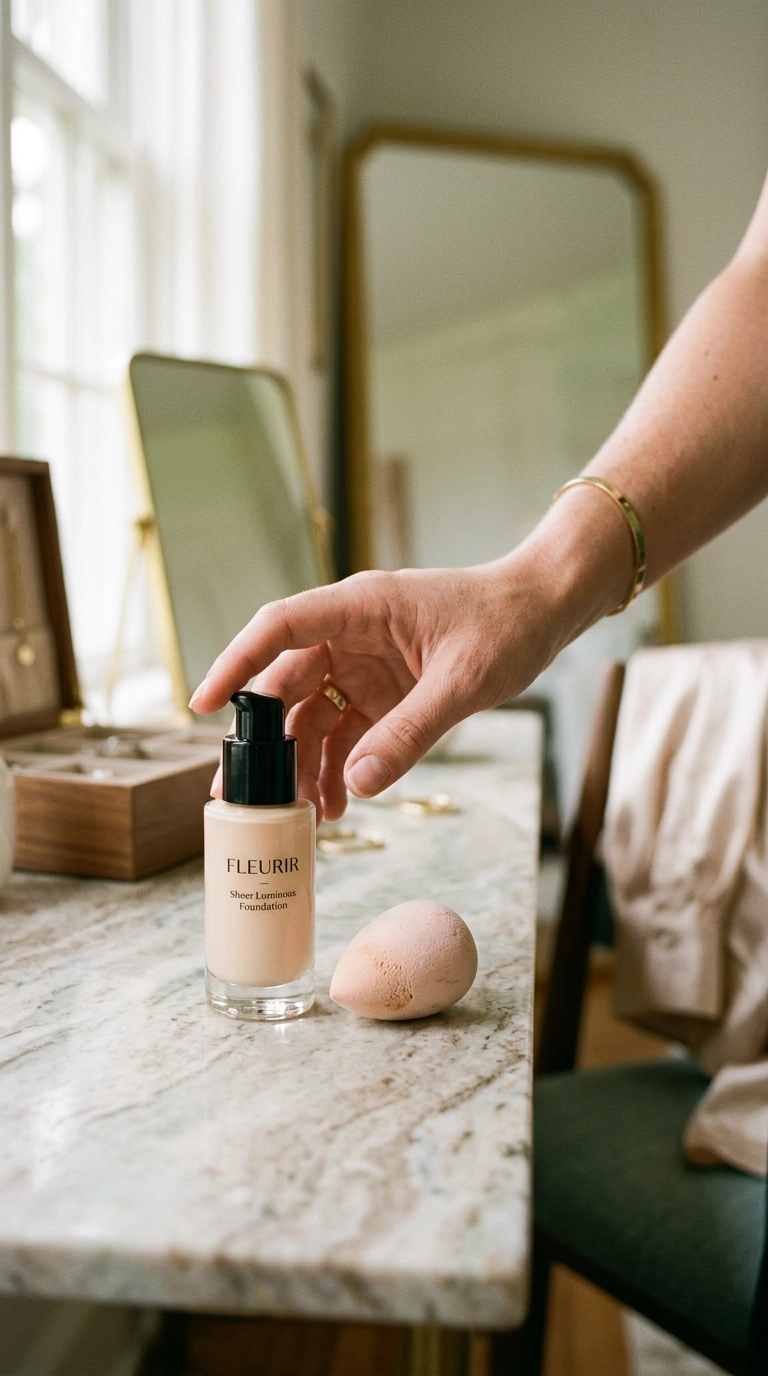 A luxury editorial shot of a vanity table featuring a glass bottle of sheer foundation and a damp beauty sponge, a woman's hand gently reaching for the bottle, soft focus, photorealistic, shot on 35mm lens, Nano Banana style, highly detailed, soft lighting, 9:16 ratio